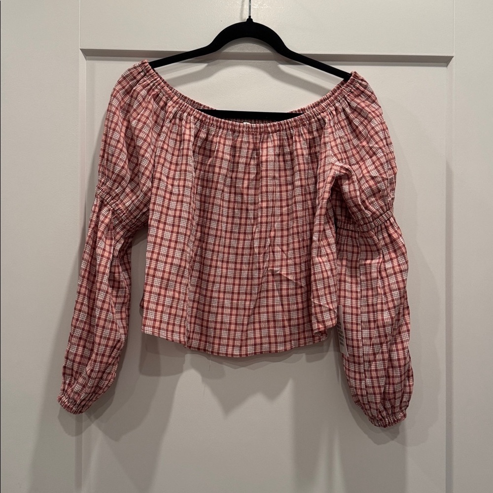 NWT Topshop Womens Off Shoulder Top Sz 4 Seersucker Elastic Wrist-Arm Plaid Pink - Picture 2 of 5
